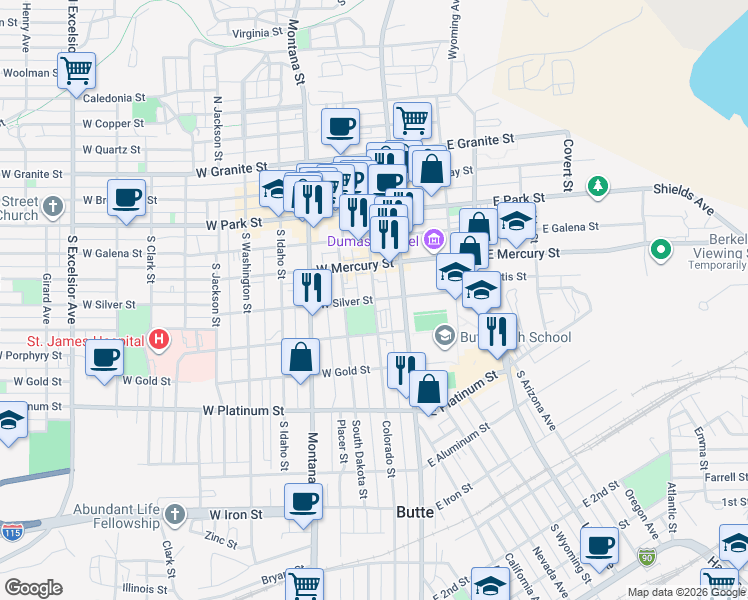 map of restaurants, bars, coffee shops, grocery stores, and more near 1 West Silver Street in Butte