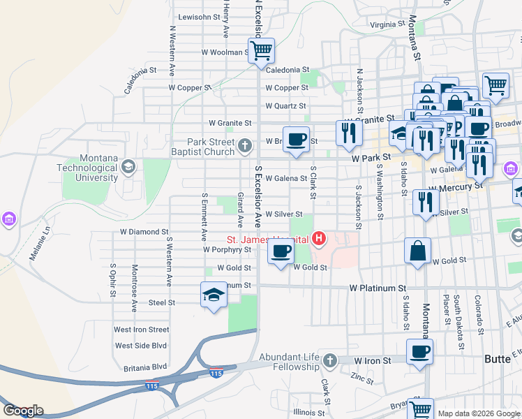 map of restaurants, bars, coffee shops, grocery stores, and more near 321 South Excelsior Avenue in Butte