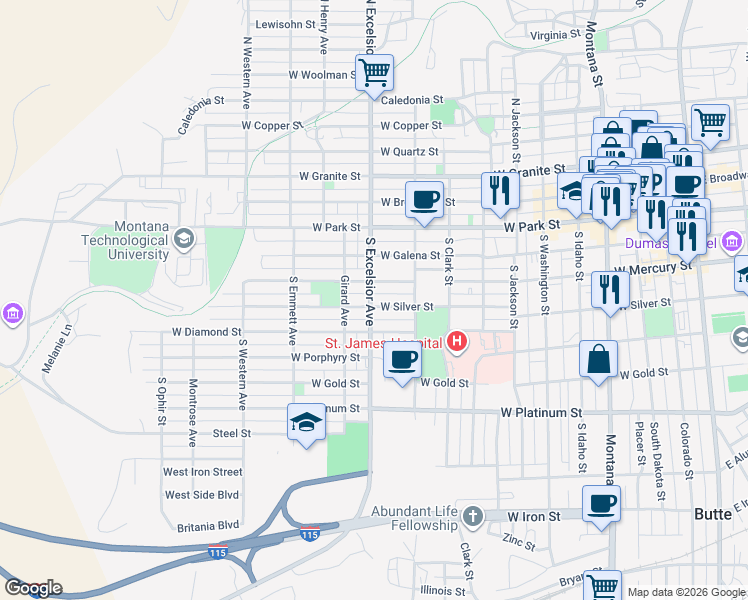 map of restaurants, bars, coffee shops, grocery stores, and more near 321 South Excelsior Avenue in Butte