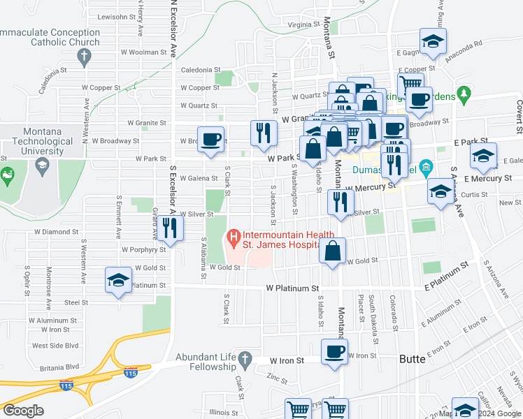 map of restaurants, bars, coffee shops, grocery stores, and more near 523 West Silver Street in Butte