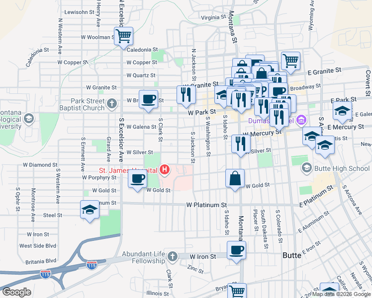 map of restaurants, bars, coffee shops, grocery stores, and more near 319 South Jackson Street in Butte