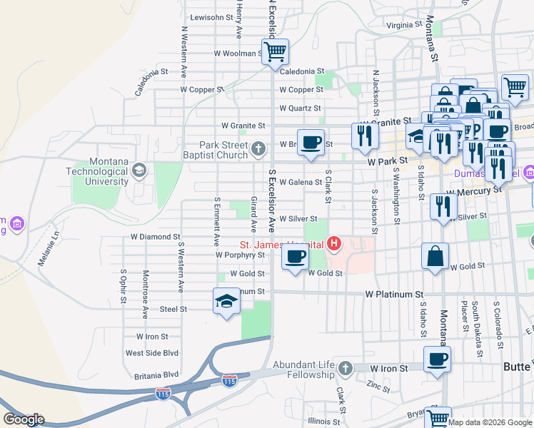 map of restaurants, bars, coffee shops, grocery stores, and more near 321 South Excelsior Avenue in Butte