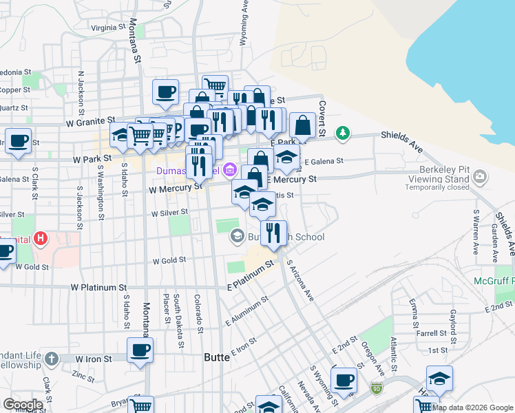 map of restaurants, bars, coffee shops, grocery stores, and more near 209 Curtis Street in Butte