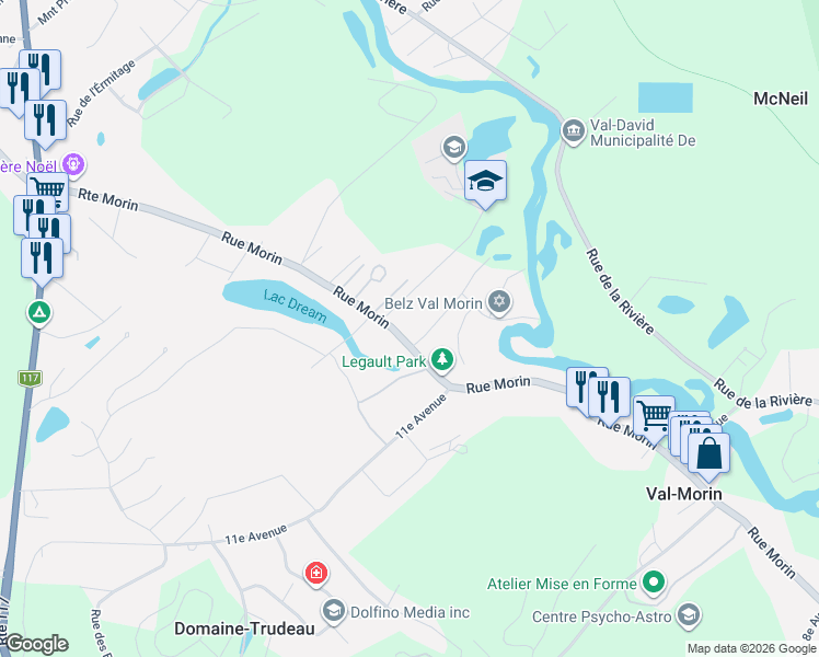 map of restaurants, bars, coffee shops, grocery stores, and more near 6667 Rue Morin in Val-Morin