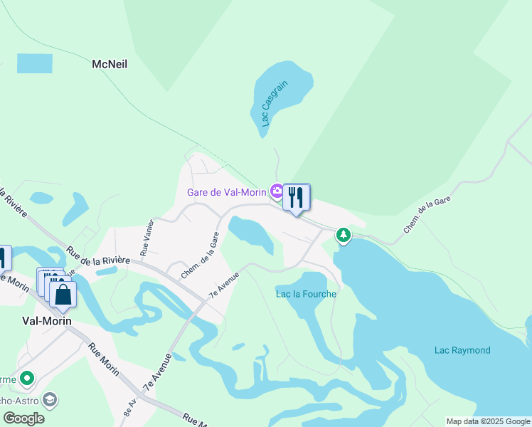 map of restaurants, bars, coffee shops, grocery stores, and more near 1729 Chemin de la Gare in Val-Morin