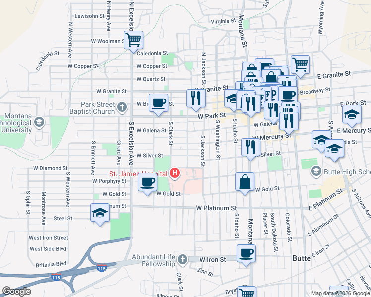 map of restaurants, bars, coffee shops, grocery stores, and more near 207 South Crystal Street in Butte