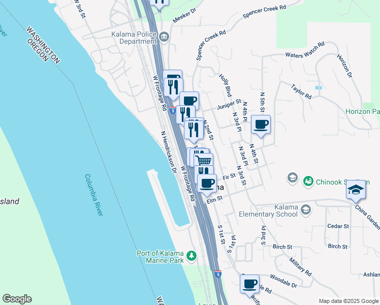 map of restaurants, bars, coffee shops, grocery stores, and more near 448 Holly Street in Kalama