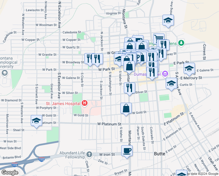 map of restaurants, bars, coffee shops, grocery stores, and more near 102 South Washington Street in Butte