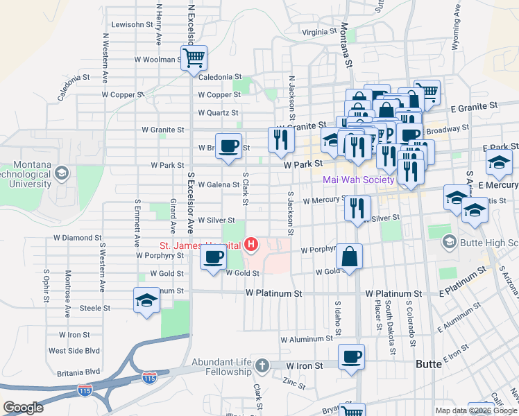 map of restaurants, bars, coffee shops, grocery stores, and more near 605 West Mercury Street in Butte