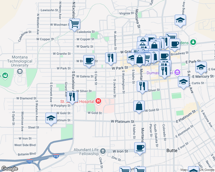 map of restaurants, bars, coffee shops, grocery stores, and more near 534 West Mercury Street in Butte