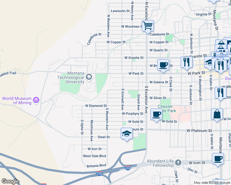 map of restaurants, bars, coffee shops, grocery stores, and more near 1135 West Mercury Street in Butte
