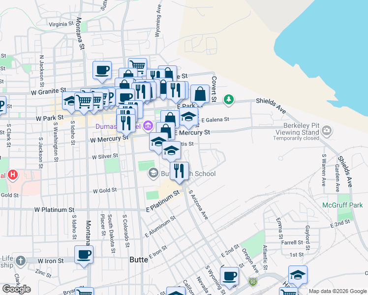map of restaurants, bars, coffee shops, grocery stores, and more near 220 Curtis Street in Butte