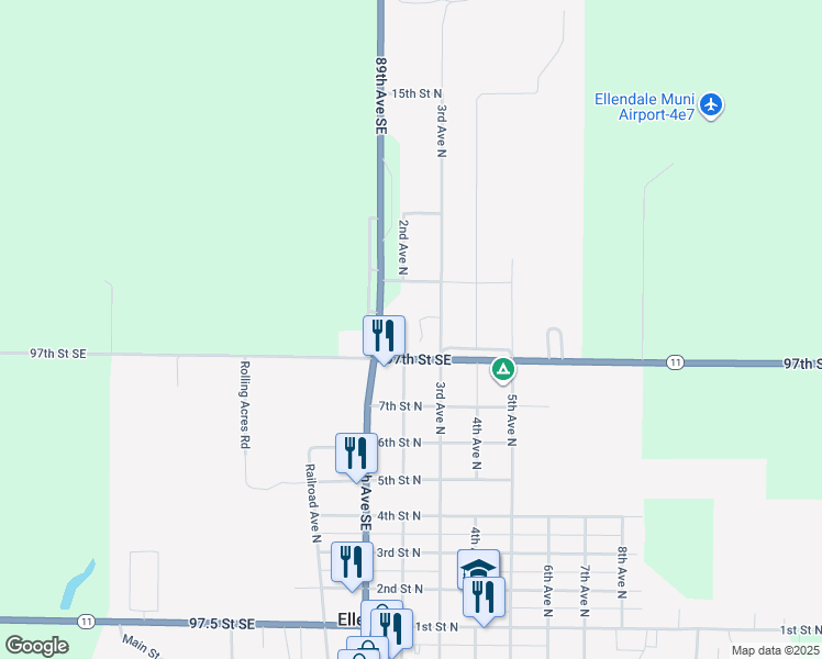 map of restaurants, bars, coffee shops, grocery stores, and more near 201 8th Street North in Ellendale