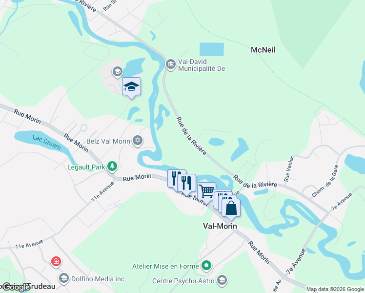 map of restaurants, bars, coffee shops, grocery stores, and more near 6573 Rue de la Rivière in Val-Morin