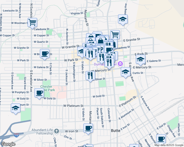 map of restaurants, bars, coffee shops, grocery stores, and more near 202 South Montana Street in Butte