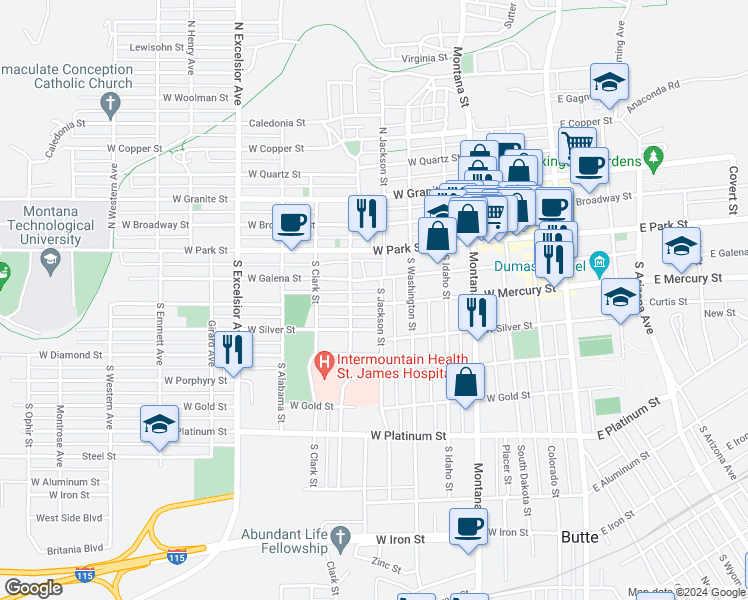 map of restaurants, bars, coffee shops, grocery stores, and more near 507 West Mercury Street in Butte