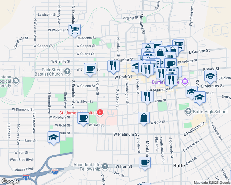 map of restaurants, bars, coffee shops, grocery stores, and more near 507 West Mercury Street in Butte