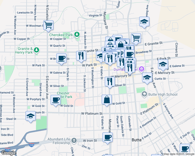map of restaurants, bars, coffee shops, grocery stores, and more near 101-199 South Idaho Street in Butte