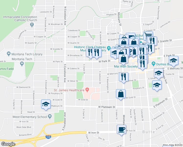 map of restaurants, bars, coffee shops, grocery stores, and more near 605 West Mercury Street in Butte