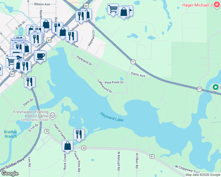 map of restaurants, bars, coffee shops, grocery stores, and more near 15574 Lakewood Drive in Hayward