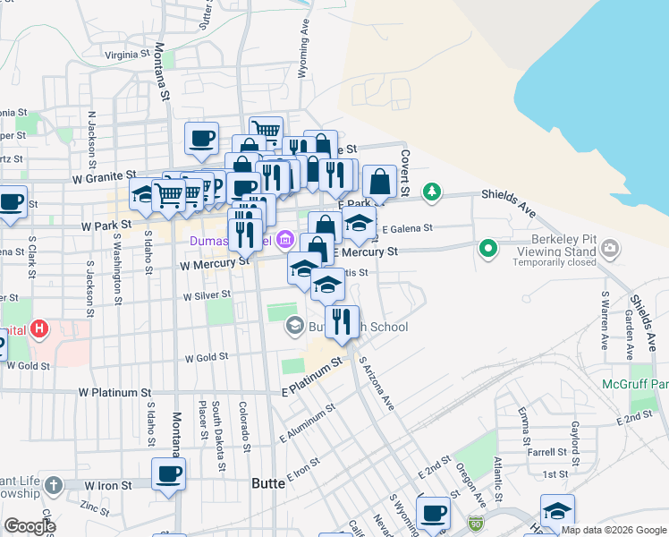 map of restaurants, bars, coffee shops, grocery stores, and more near 209 Curtis Street in Butte