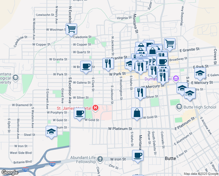 map of restaurants, bars, coffee shops, grocery stores, and more near 505 West Mercury Street in Butte