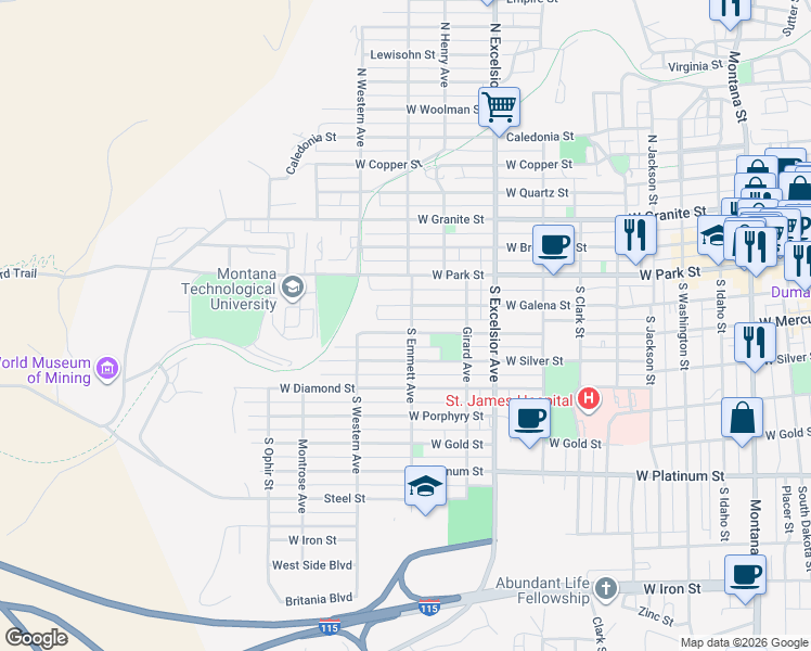 map of restaurants, bars, coffee shops, grocery stores, and more near 1059 West Mercury Street in Butte
