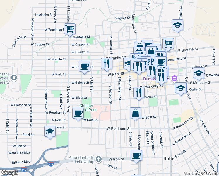 map of restaurants, bars, coffee shops, grocery stores, and more near 503 West Mercury Street in Butte
