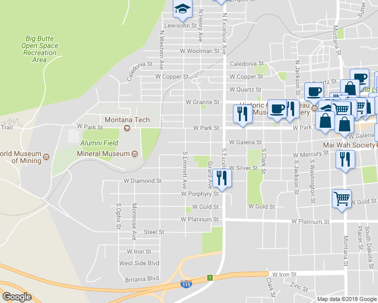 map of restaurants, bars, coffee shops, grocery stores, and more near 1059 West Mercury Street in Butte