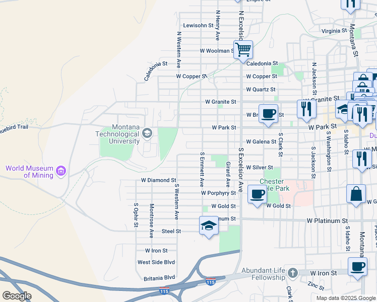 map of restaurants, bars, coffee shops, grocery stores, and more near 1135 West Mercury Street in Butte
