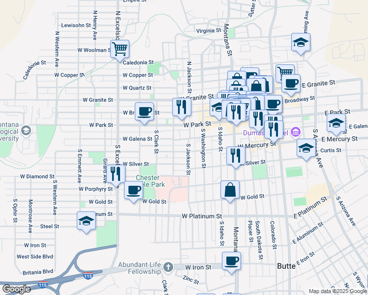 map of restaurants, bars, coffee shops, grocery stores, and more near 503 West Mercury Street in Butte