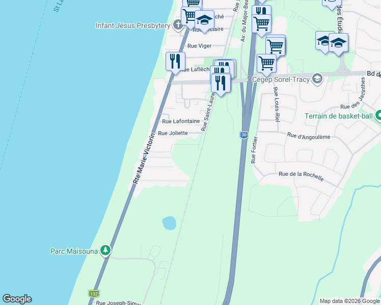 map of restaurants, bars, coffee shops, grocery stores, and more near 3192 Rue Lamarche in Sorel-Tracy