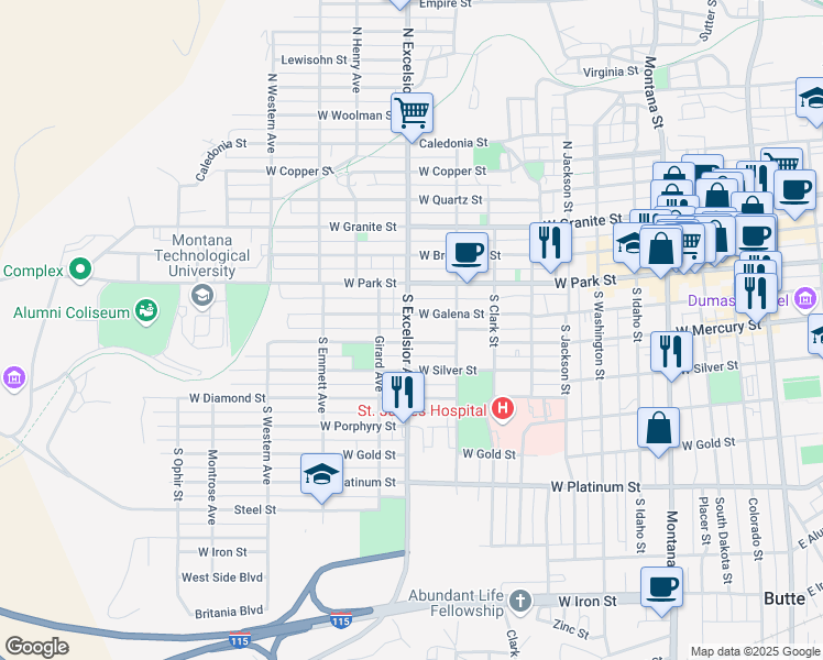 map of restaurants, bars, coffee shops, grocery stores, and more near 118 South Excelsior Avenue in Butte