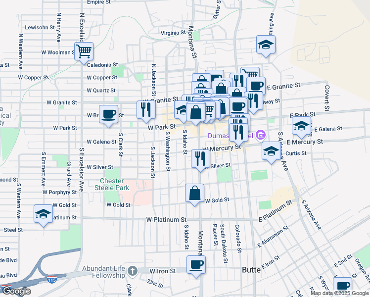 map of restaurants, bars, coffee shops, grocery stores, and more near 199 South Idaho Street in Butte