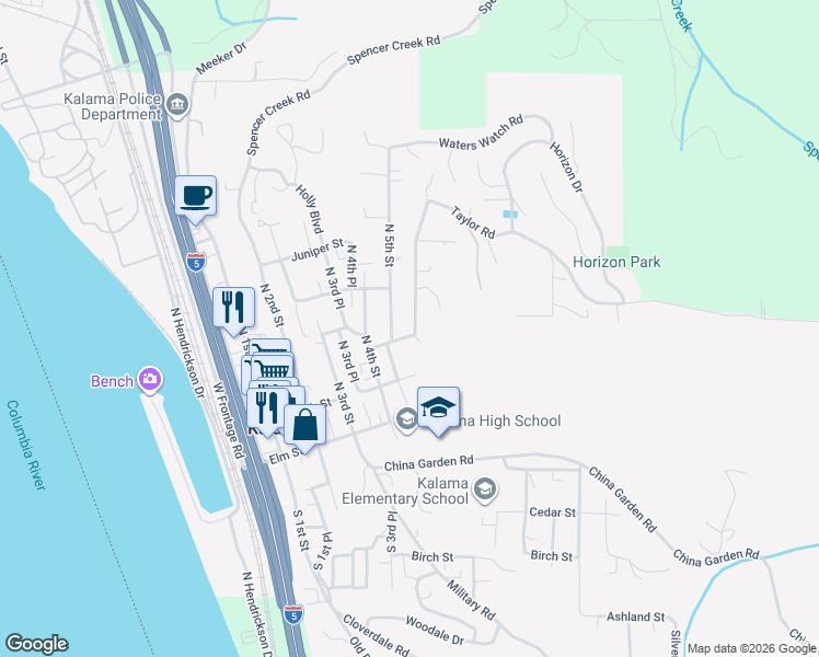 map of restaurants, bars, coffee shops, grocery stores, and more near 323 Taylor Road in Kalama