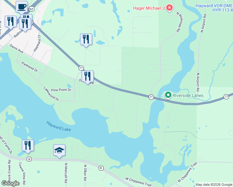 map of restaurants, bars, coffee shops, grocery stores, and more near 15403 Wisconsin 77 in Hayward