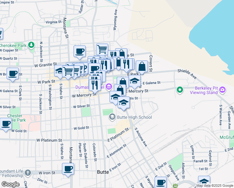 map of restaurants, bars, coffee shops, grocery stores, and more near 100 East Mercury Street in Butte