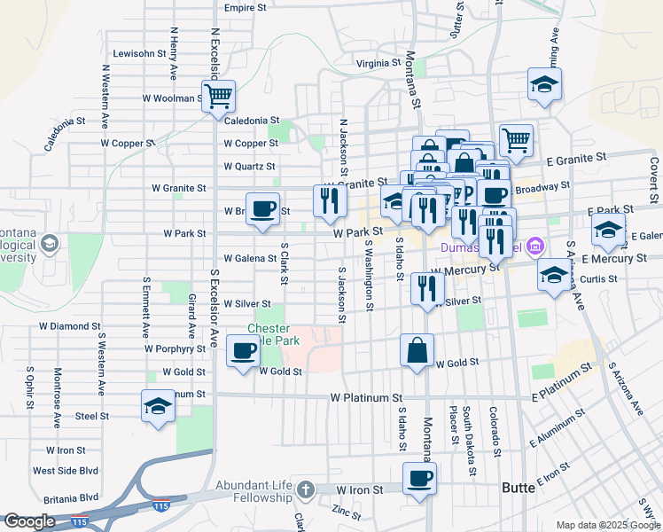 map of restaurants, bars, coffee shops, grocery stores, and more near 503 West Mercury Street in Butte