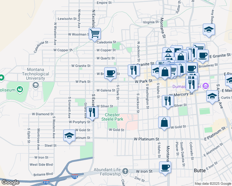 map of restaurants, bars, coffee shops, grocery stores, and more near 704 West Galena Street in Butte