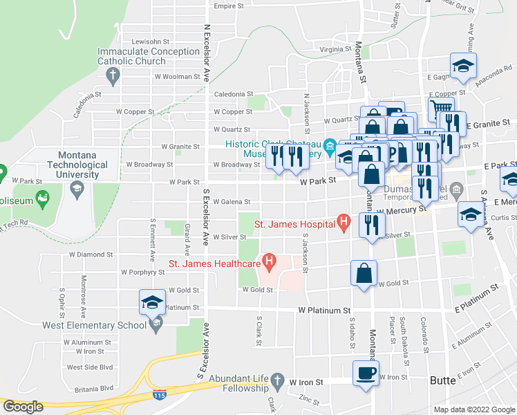 map of restaurants, bars, coffee shops, grocery stores, and more near 710 West Galena Street in Butte