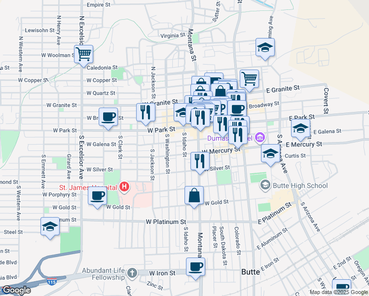 map of restaurants, bars, coffee shops, grocery stores, and more near 101-199 South Idaho Street in Butte