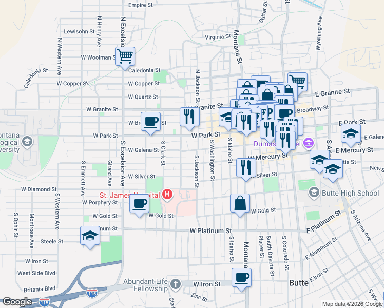 map of restaurants, bars, coffee shops, grocery stores, and more near 503 West Mercury Street in Butte