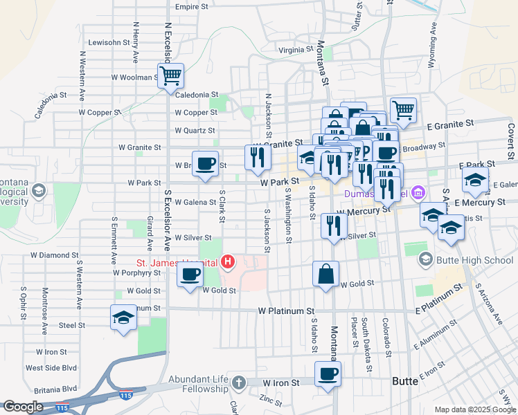 map of restaurants, bars, coffee shops, grocery stores, and more near 503 West Mercury Street in Butte