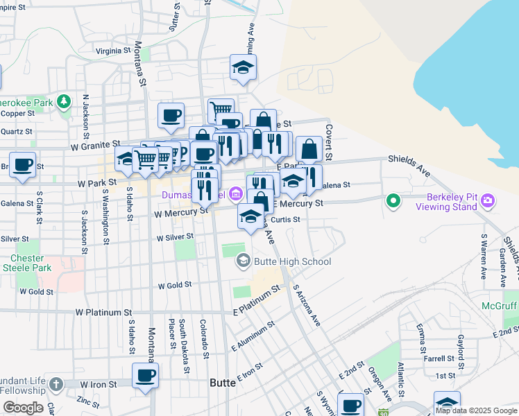 map of restaurants, bars, coffee shops, grocery stores, and more near 100 East Mercury Street in Butte