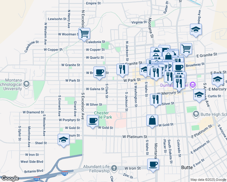 map of restaurants, bars, coffee shops, grocery stores, and more near 608 West Galena Street in Butte