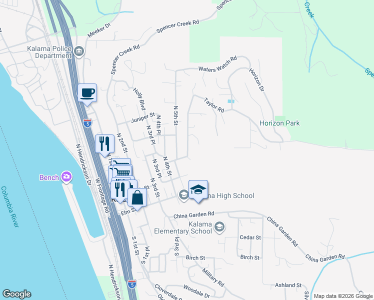 map of restaurants, bars, coffee shops, grocery stores, and more near 323 Taylor Road in Kalama