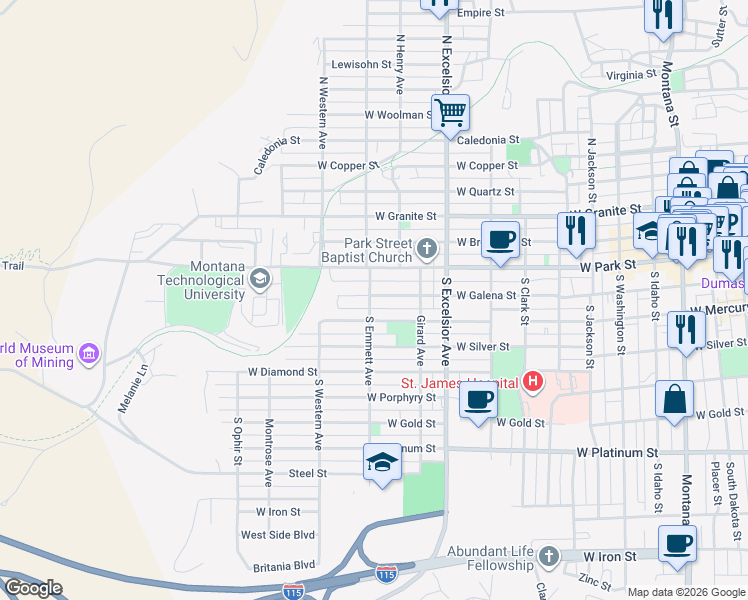 map of restaurants, bars, coffee shops, grocery stores, and more near 100 South Emmett Avenue in Butte