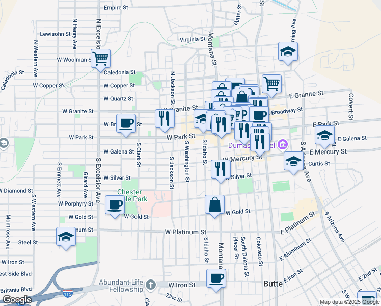 map of restaurants, bars, coffee shops, grocery stores, and more near 102 South Washington Street in Butte