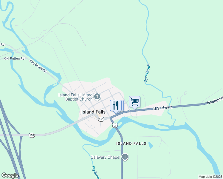map of restaurants, bars, coffee shops, grocery stores, and more near 35 Fairfield Street in Island Falls