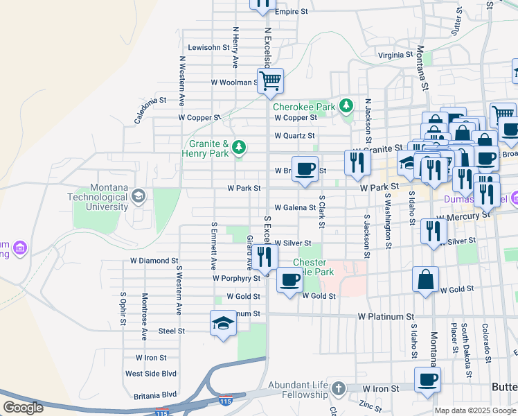 map of restaurants, bars, coffee shops, grocery stores, and more near 118 South Excelsior Avenue in Butte